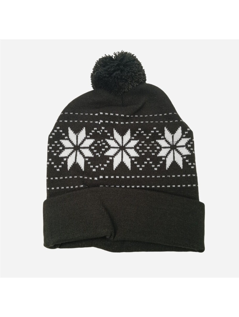 Winter Knit Beanie Hat Black White Snowflake Pom Pom Cuffed Ski Skater Cap